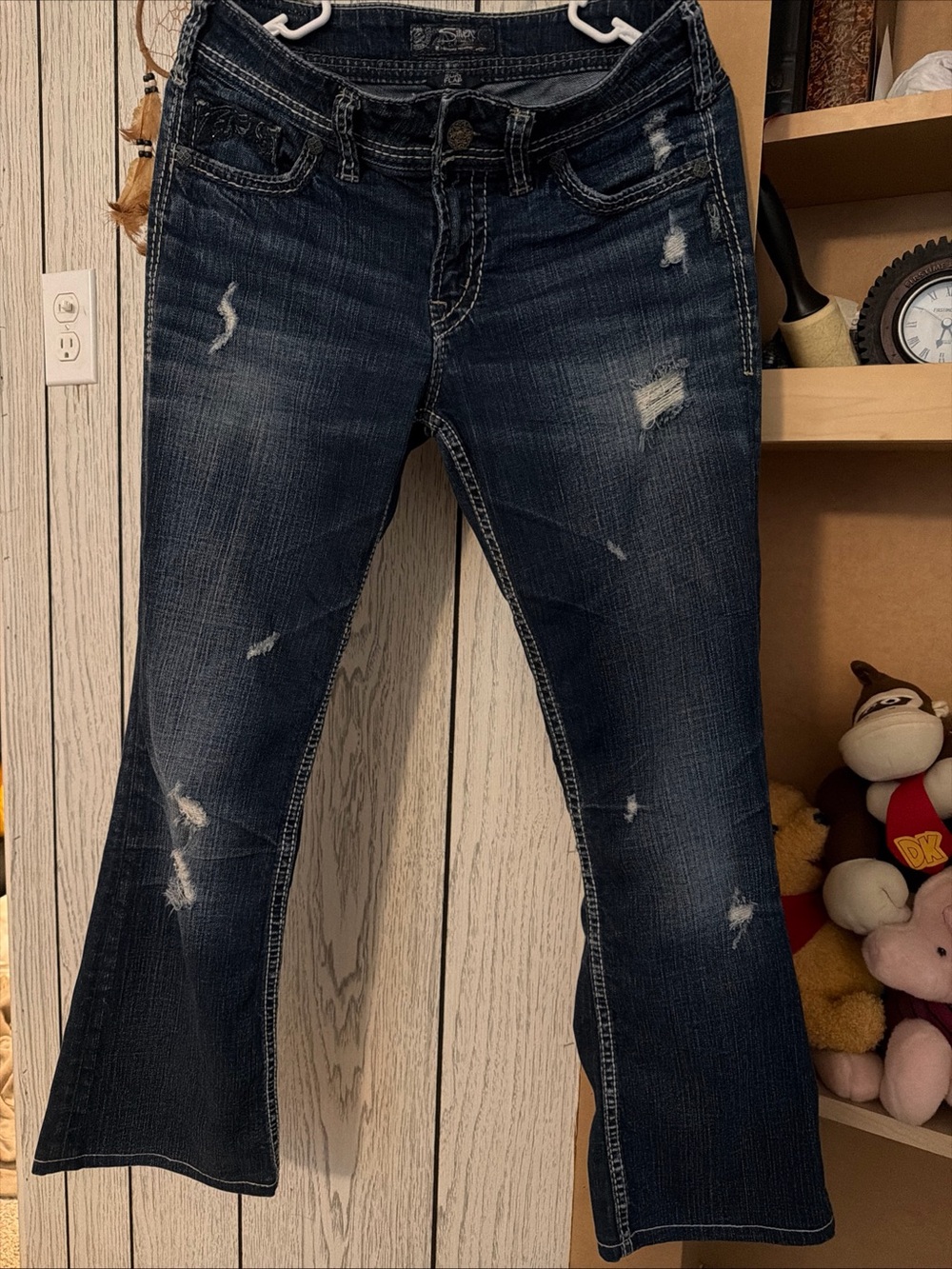 Silver Jeans Dark Indigo Distressed Flare Jeans